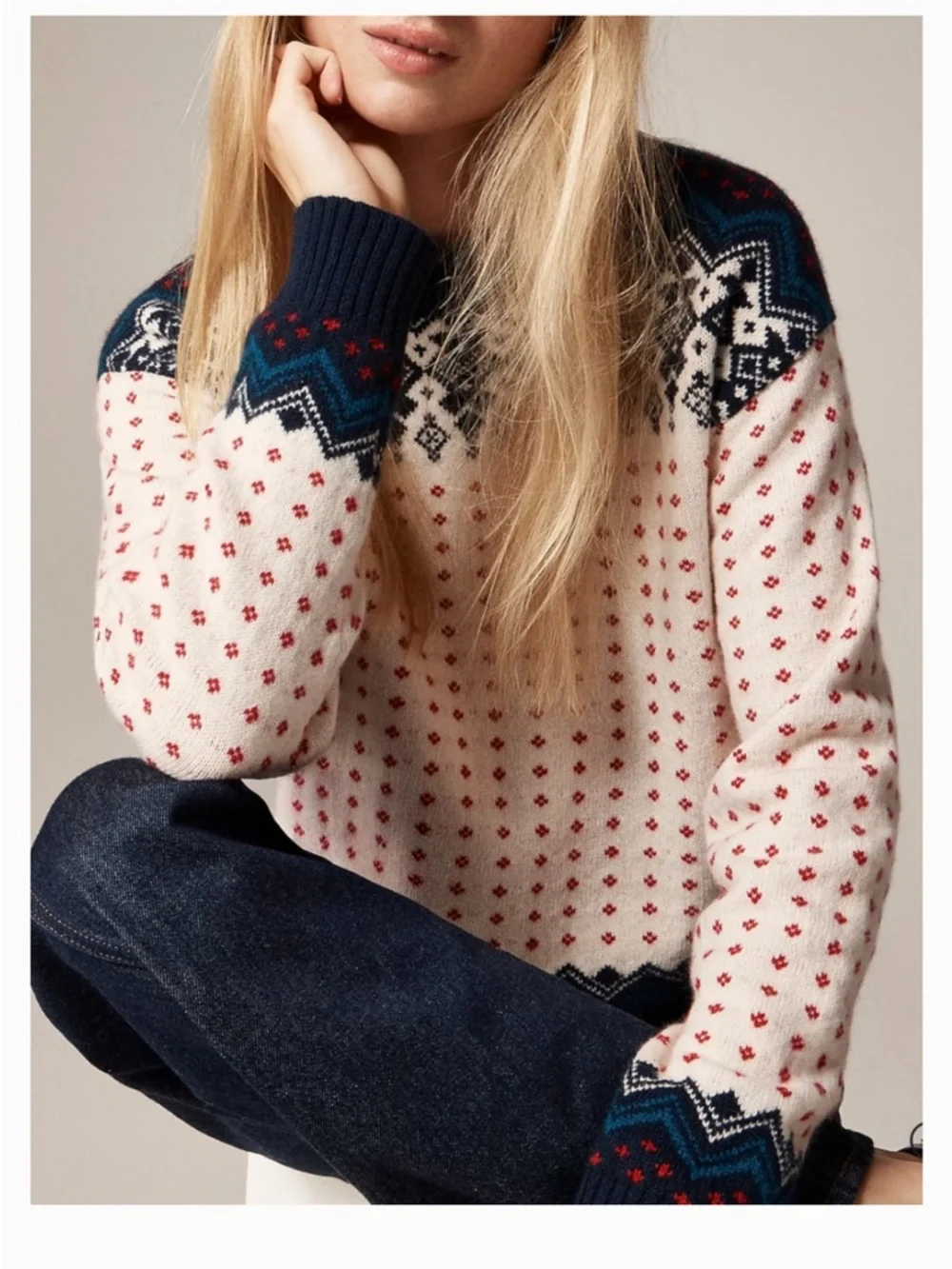 J.Crew Fair Isle Lambswool Nordic Sweater Cream Navy Red Size Small